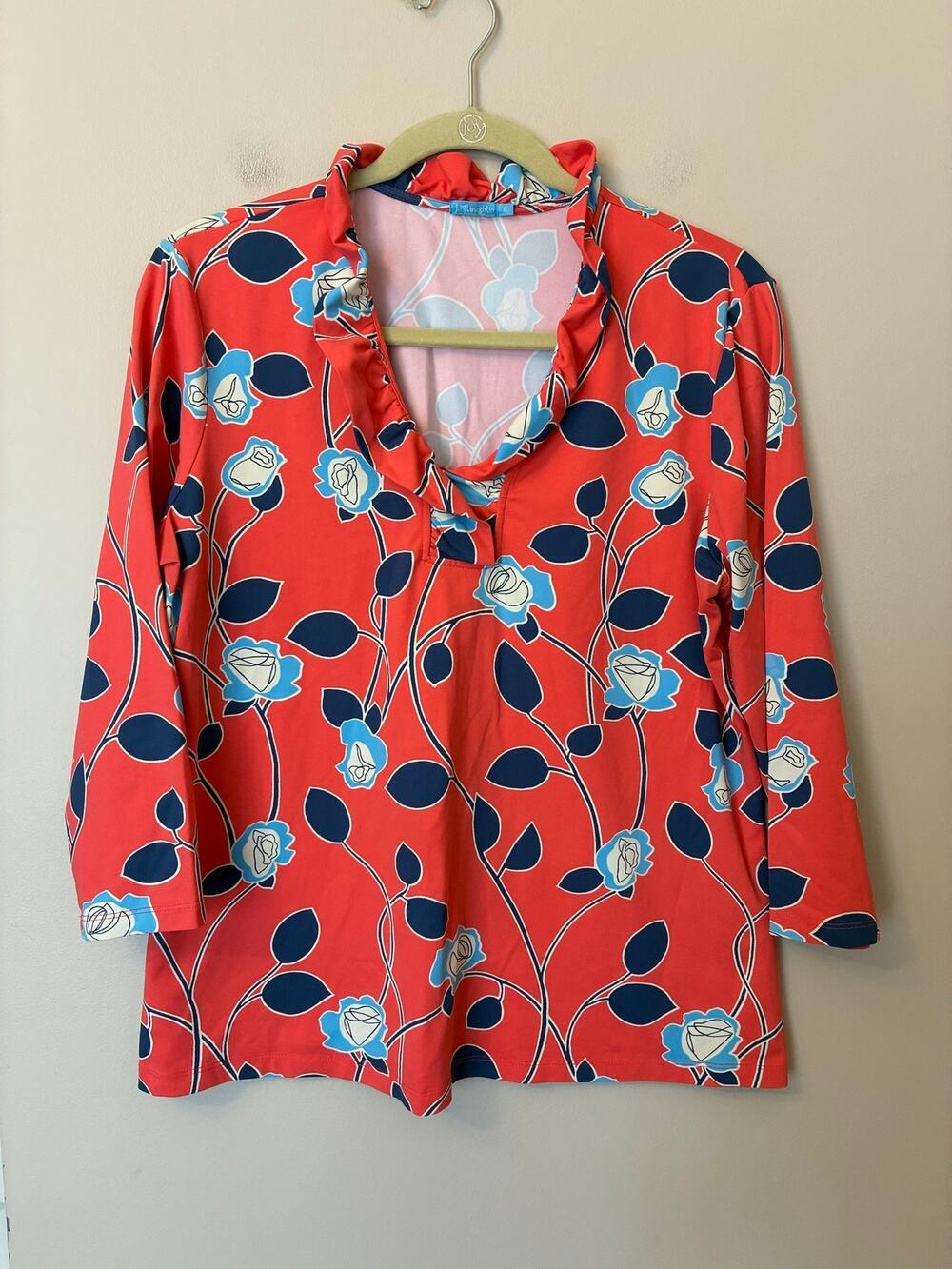 J. McLaughlin Catalina Cloth Durham Top Coral Blue Floral Ruffle Neck Women's XL